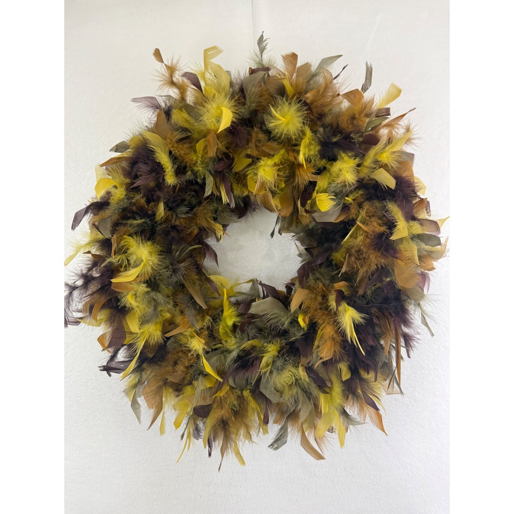 Unbranded Feather Wreath Yellow Brown Olive Green Home Decor Accent 21 Inch